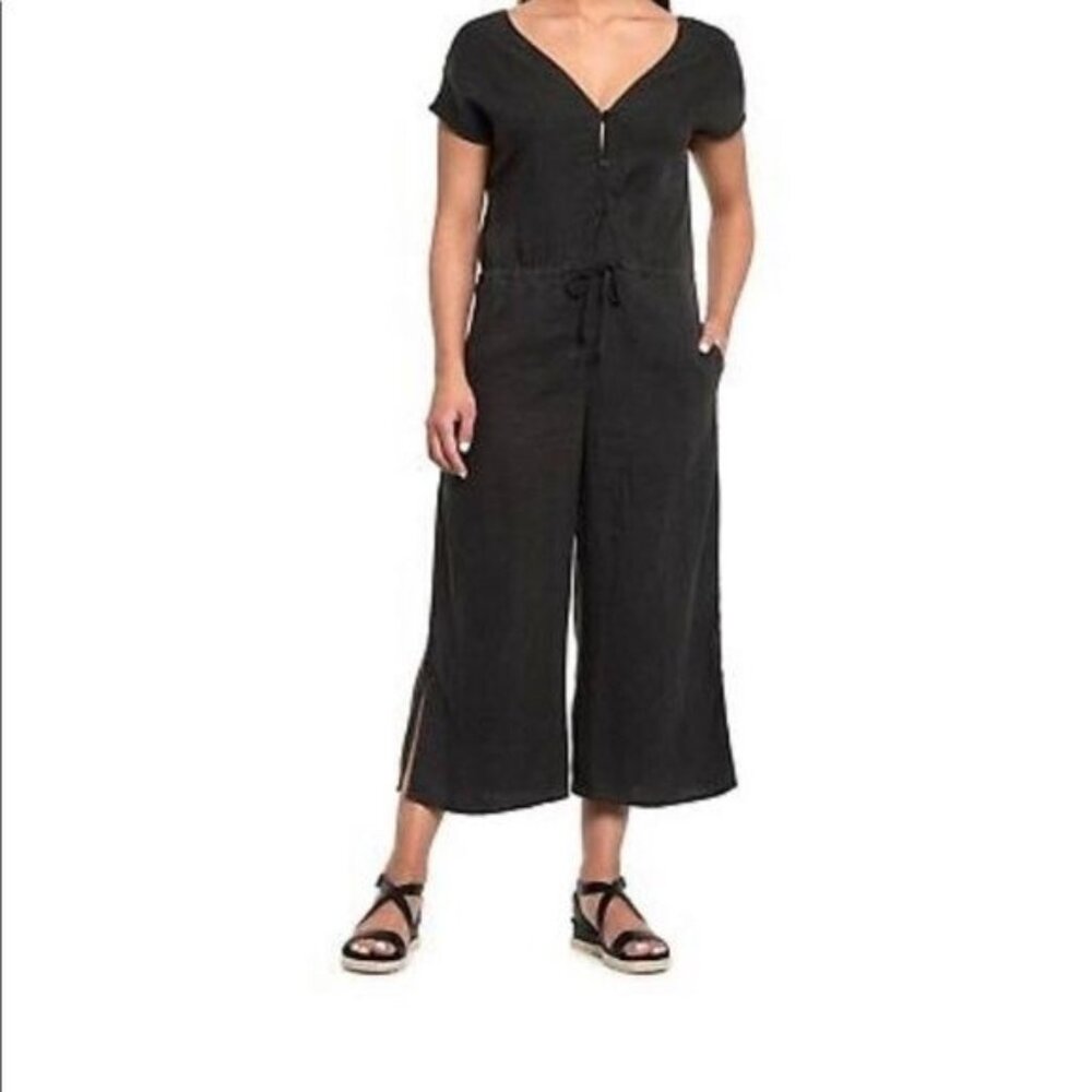 Cloth & Stone Black 100% Linen Cropped Wide Leg Jumpsuit Womens Size Small